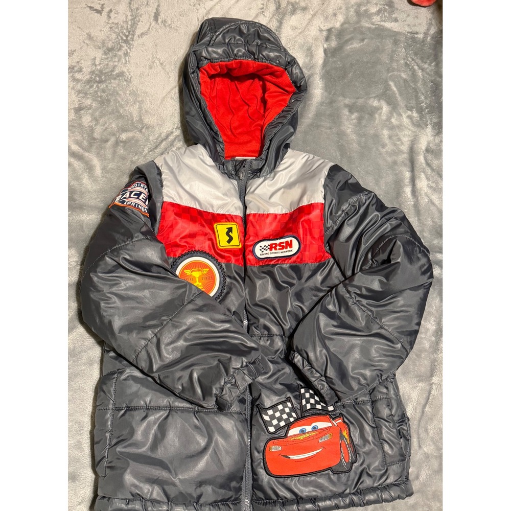 Disney Pixar Cars Lightning McQueen Puffer Jacket Hooded Gray Red Kids 7/8